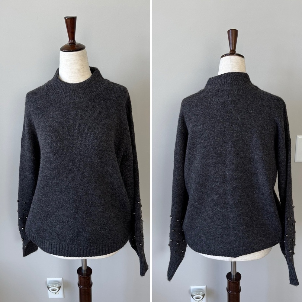 NWOT! Primark Mock Neck with Pearl Bubble Sleeve Dark Gray Knit Sweater